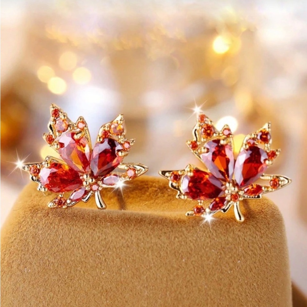 Maple Leaf Rhinestone Earrings - Picture 7 of 9